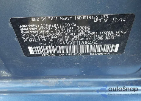 2015 Subaru Impreza из США, поврежденный, VIN JF1GPAA60FH206454